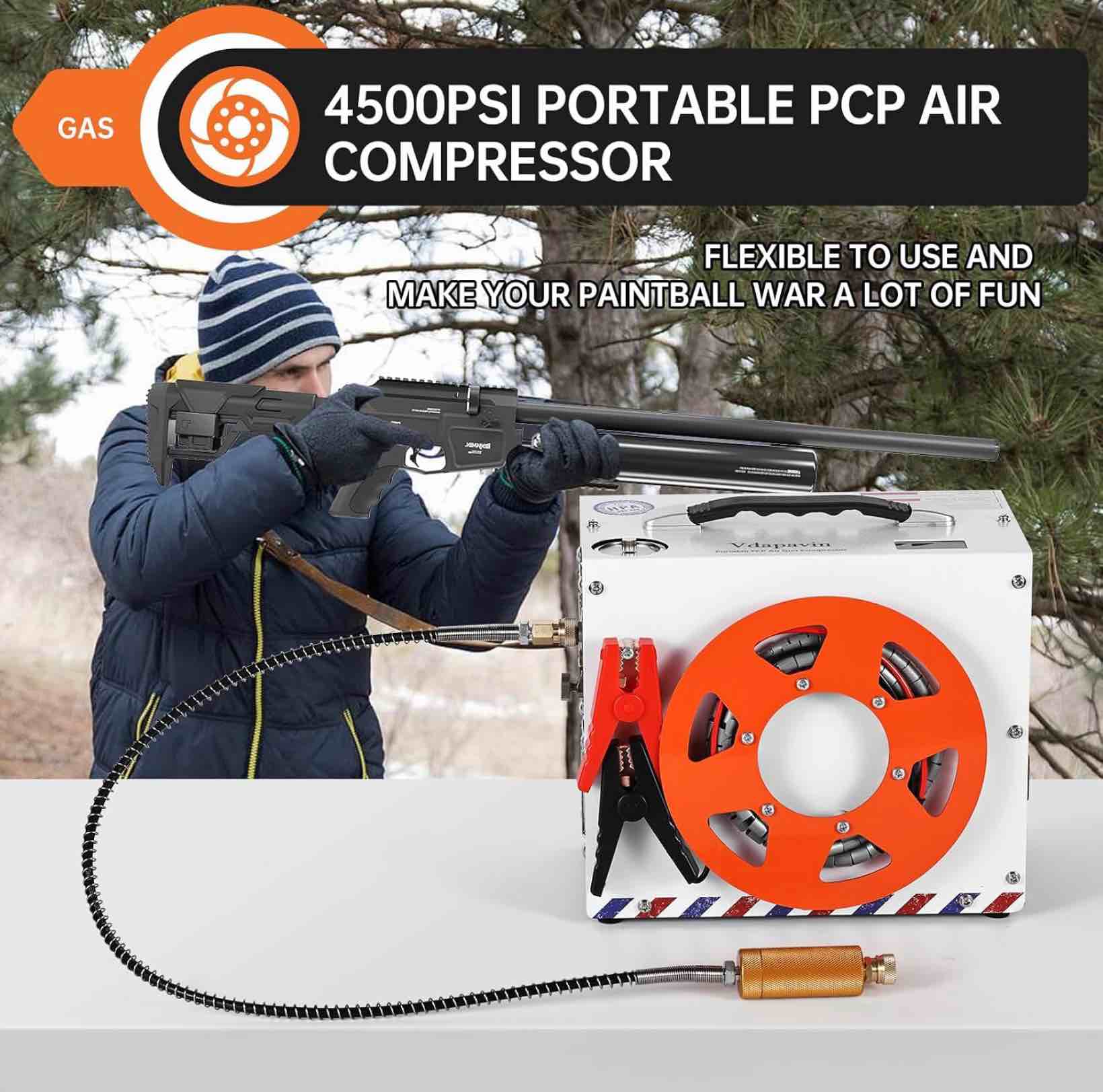pcp air compressor, portable 4500 psi/300 bar air pump, supports 12v dc or 120v/220v ac, auto-stop, oil-free/water-free design, for paintball, air rifle, hpa tanks orange and white