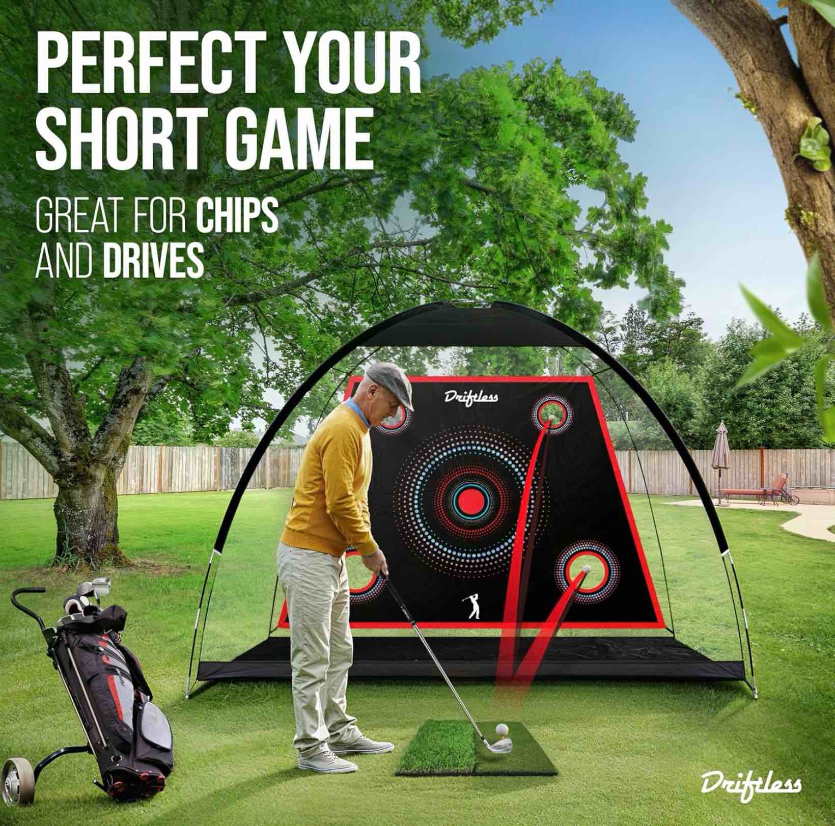 golf net – 10x7 ft practice net for backyard driving, indoor hitting net with mat, a great gift for golfers or dad – golf training aid