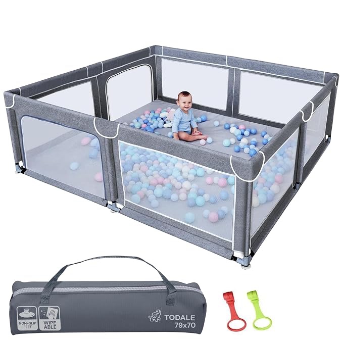 todale baby playpen - 79x70 in, gray - foldable extra large yard | foldable extra-large playpen - mesh panels, safety gate - use for babies & toddlers, adjustable area