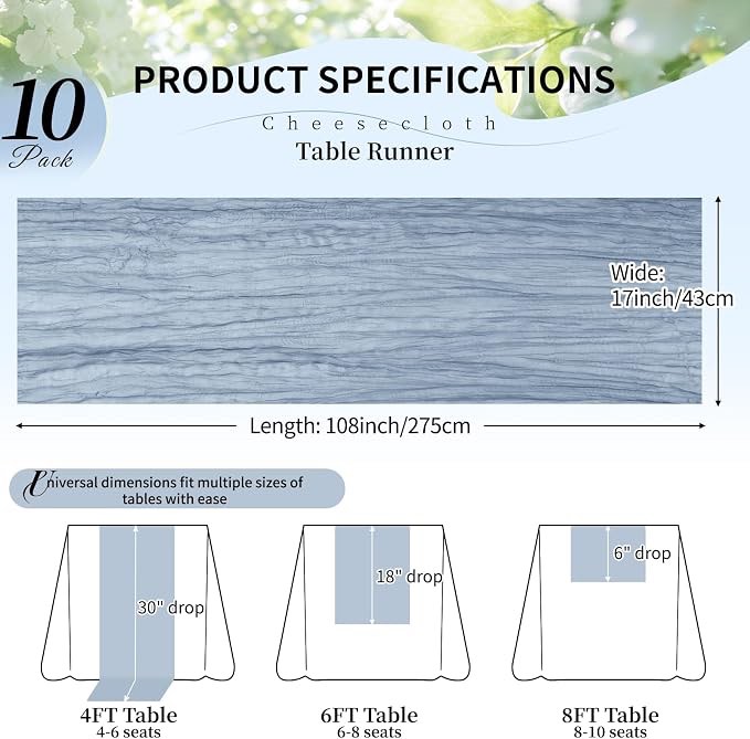 Condition photo showing As Is for 10 pack dusty blue cheesecloth table runner, 17x108 inch semi sheer boho gauze cheese cloth fabric table runners for wedding party baby shower birthday garden farmhouse table decor