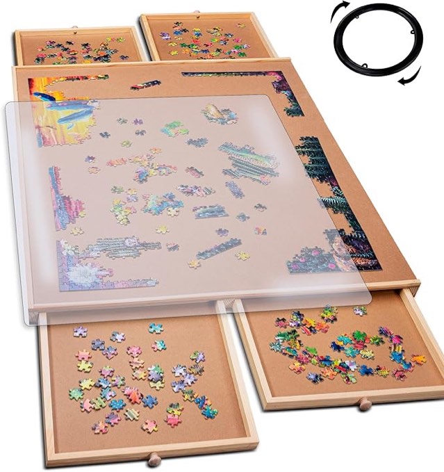 PlayVibe 1000 Piece Rotating Puzzle Board with Drawers and Cover - Jigsaw Puzzle Table with Cover & 4 Compartments - 22” x 30 Portable Wooden Lazy Susan and Spinning Accessory