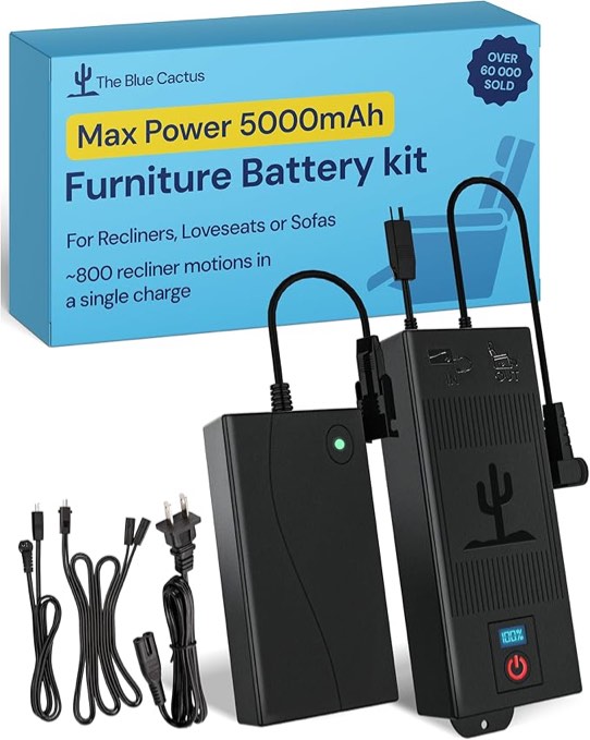 The Blue Cactus Max Power 5000mAh Kit - Battery, Power Transformer, Cords - 2-Pin Connector - Wireless with LED & Low Charge Alert - Couch Battery Pack for Reclining Chairs, Sofas & Loveseats