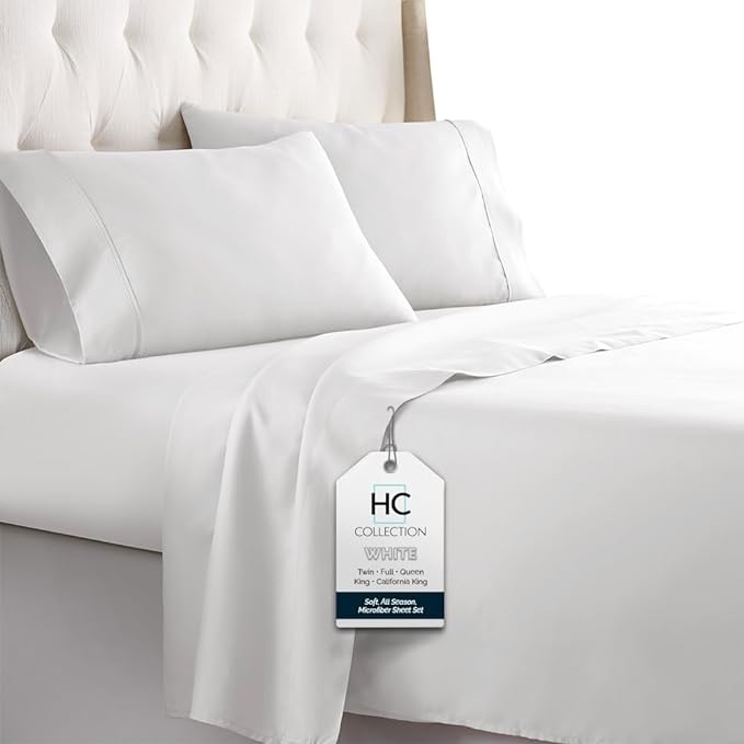 HC COLLECTION Bed Sheets Set King, Hotel Luxury Platinum 1800 Series Brushed Microfiber Sheet w/Deep Pocket, Ultra Soft Lightweight 6 Pcs Linen Bedding for Hot Sleepers, White