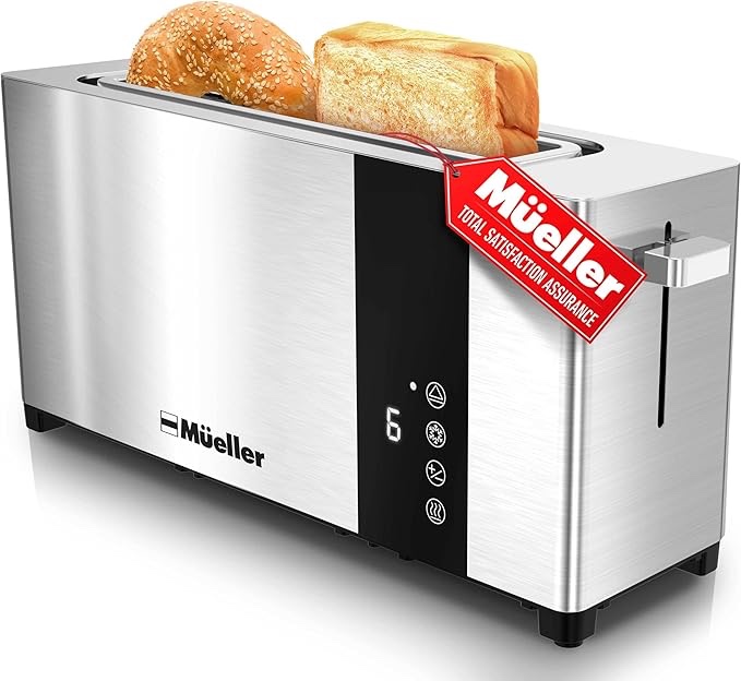 mueller ultratoast full stainless steel toaster 2 slice, long extra-wide slots with removable tray, cancel/defrost/reheat functions, 6 browning levels with led display, housewarming gifts new home