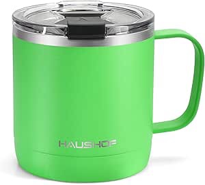 haushof 14 oz coffee mug, insulated coffee mug with handle, travel camping cup, portable stainless steel coffee cup, insulated coffee cups with lid, green