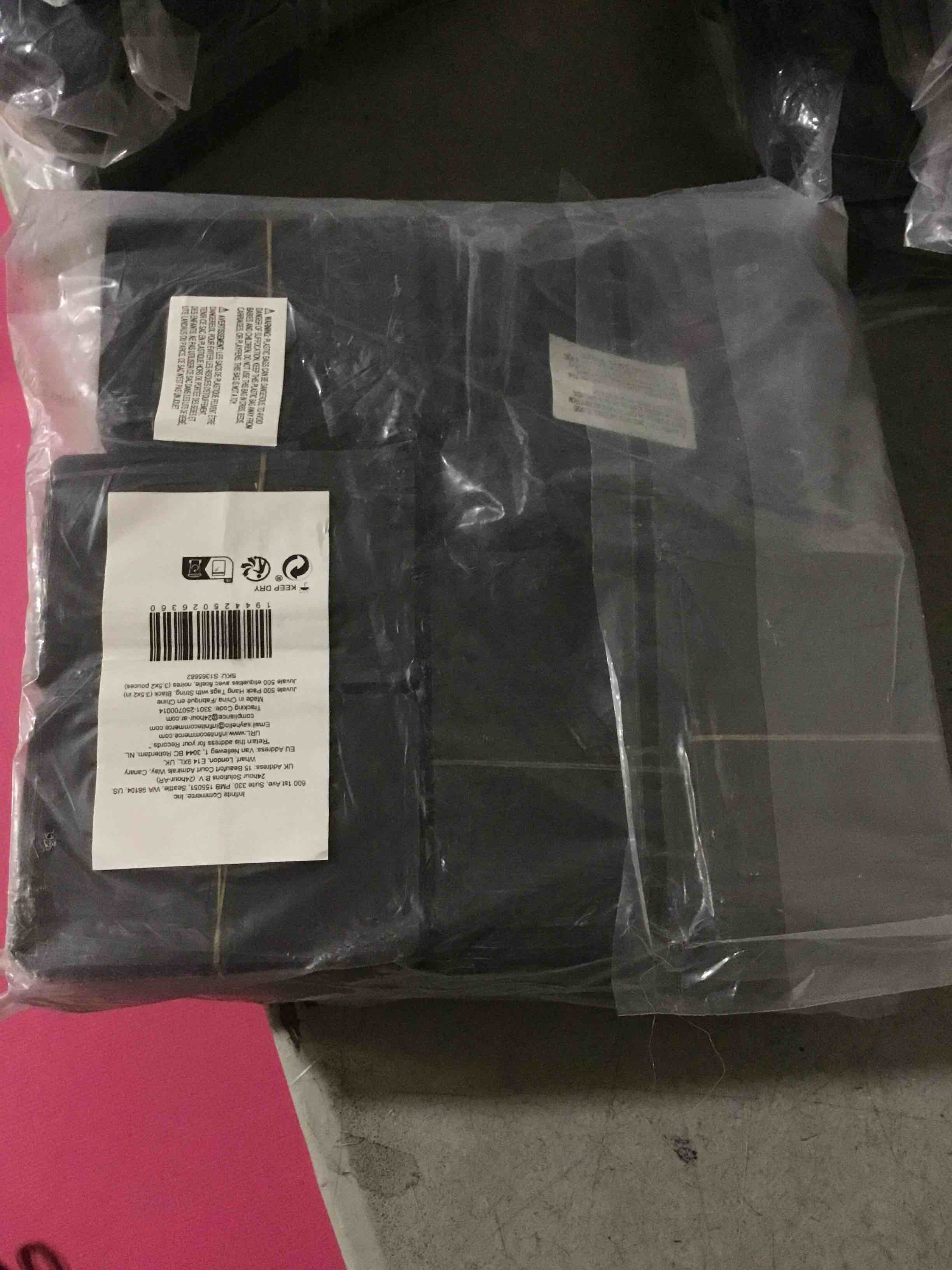 Condition photo showing Good Condition for Blank Hang Tags with String and Fasteners, 2 x 3.5 in Cardstock Paper for Labeling, Pricing, and Gifting – 500-Pack Black Tags for Retail, Clothing, Gifts, and Craft Projects