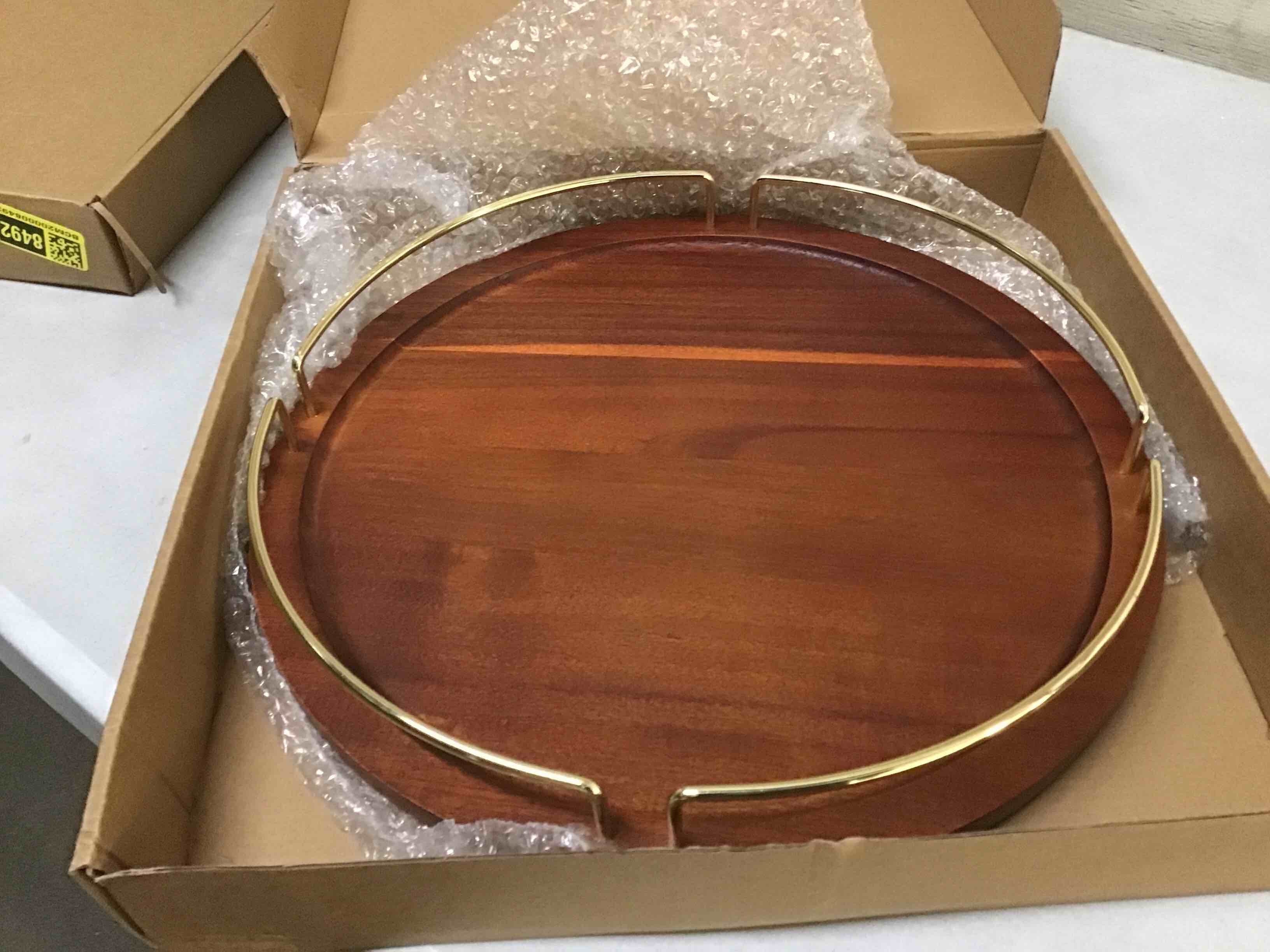 Condition photo showing New/Like New for metal and wood round wooden coffee table tray 