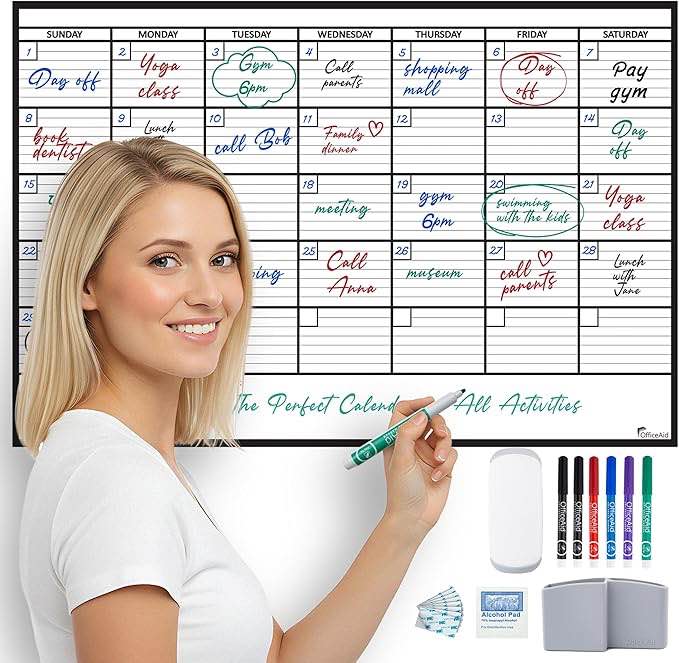 Large Dry Erase Calendar for Wall, 24x36, Large Wall Calendar Dry Erase, Big White Board for Office, Home & School, Giant Erasable Whiteboard, Jumbo Monthly Undated Reusable White Board Planner