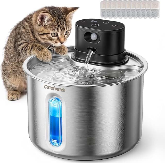 Wireless Cat Water Fountain Battery Operated - Stainless Steel Cat Drinking Fountain Cordless, Rechargable fountain with sensor timer, smart water fountain for cats indoor