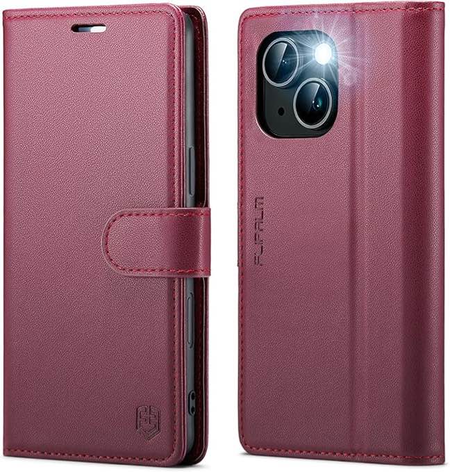 FLIPALM Wallet Case for iPhone 15 Series, RFID Blocking Credit Card Holder, PU Leather Folio Flip Kickstand Protective Shockproof Cover for Apple 15 Series (Red, iPhone 15-6.1")