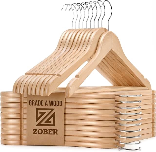 ZOBER High-Grade Wooden Hangers - Heavy Duty, Non Slip Wood Hangers for Coats, Jackets, Suits, & Pants - Clothes Hangers for Closet W/Bar and Notches 20 Pack Natural 20 pack