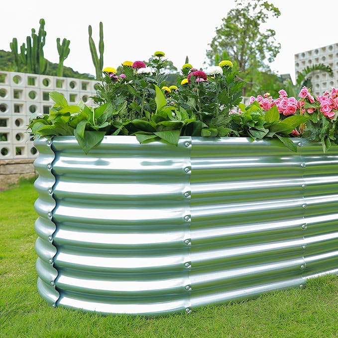 Land Guard Galvanized Raised Garden Bed , Ellipse 8x 4x 1.5ft