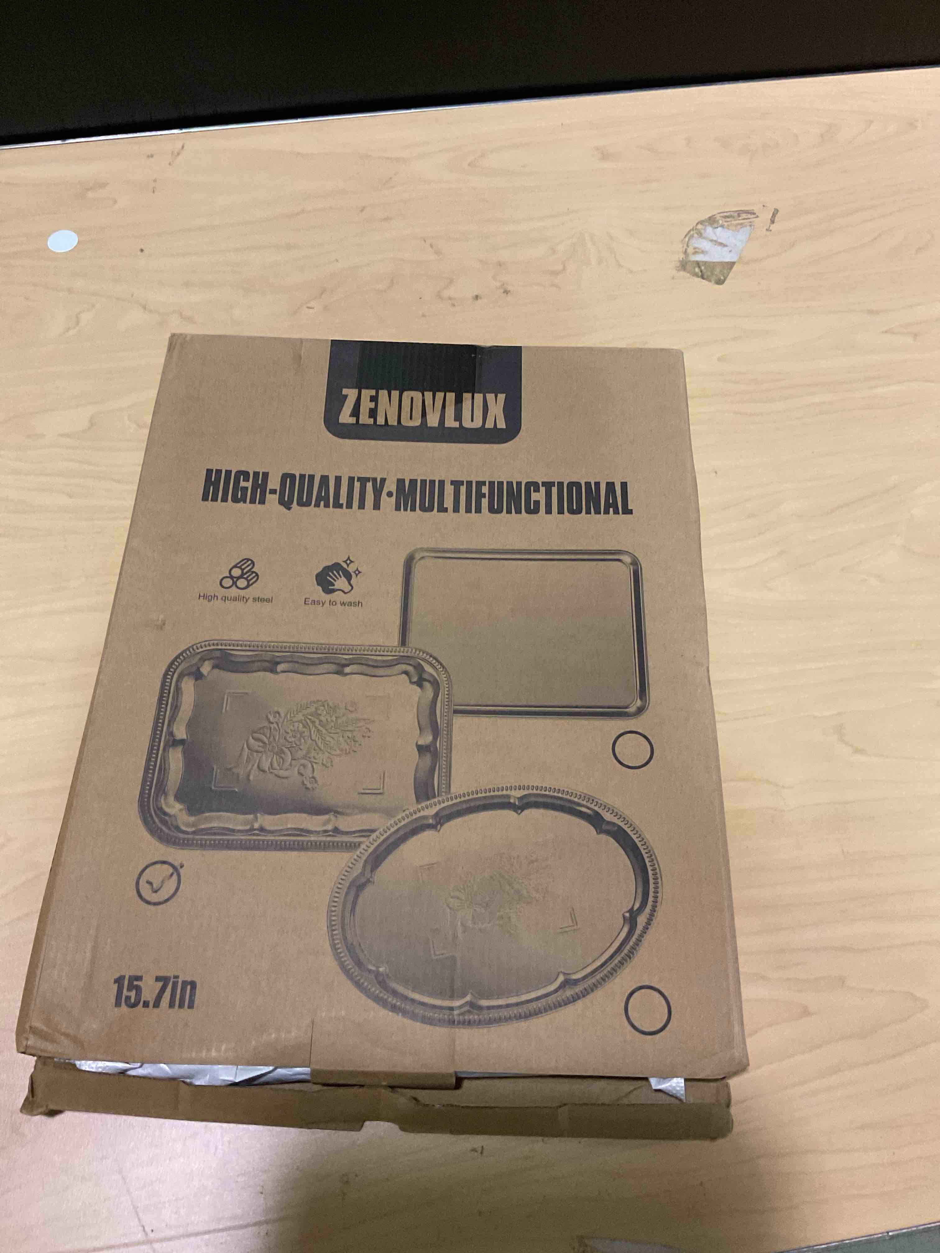 Condition photo showing As Is for 4-Pack 15.7" x 11.8" Large Silver Serving Trays Set - Floral Pattern Engraved Mirror Tray, Holiday & Party Tableware Platters for Whiskey, Cookies, Charcuterie, Snacks, Desserts, Party Food Display