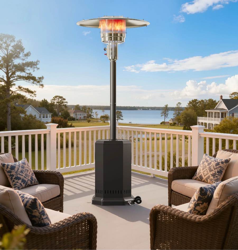 Patio Heater for Outdoor Use, 50,000BTU Propane Heater with Wheels and Adjustable Thermostat, Heavy Duty Stainless Steel Patio Heater, Freestanding Heater for Backyard, Deck, Garden, Silver Gray