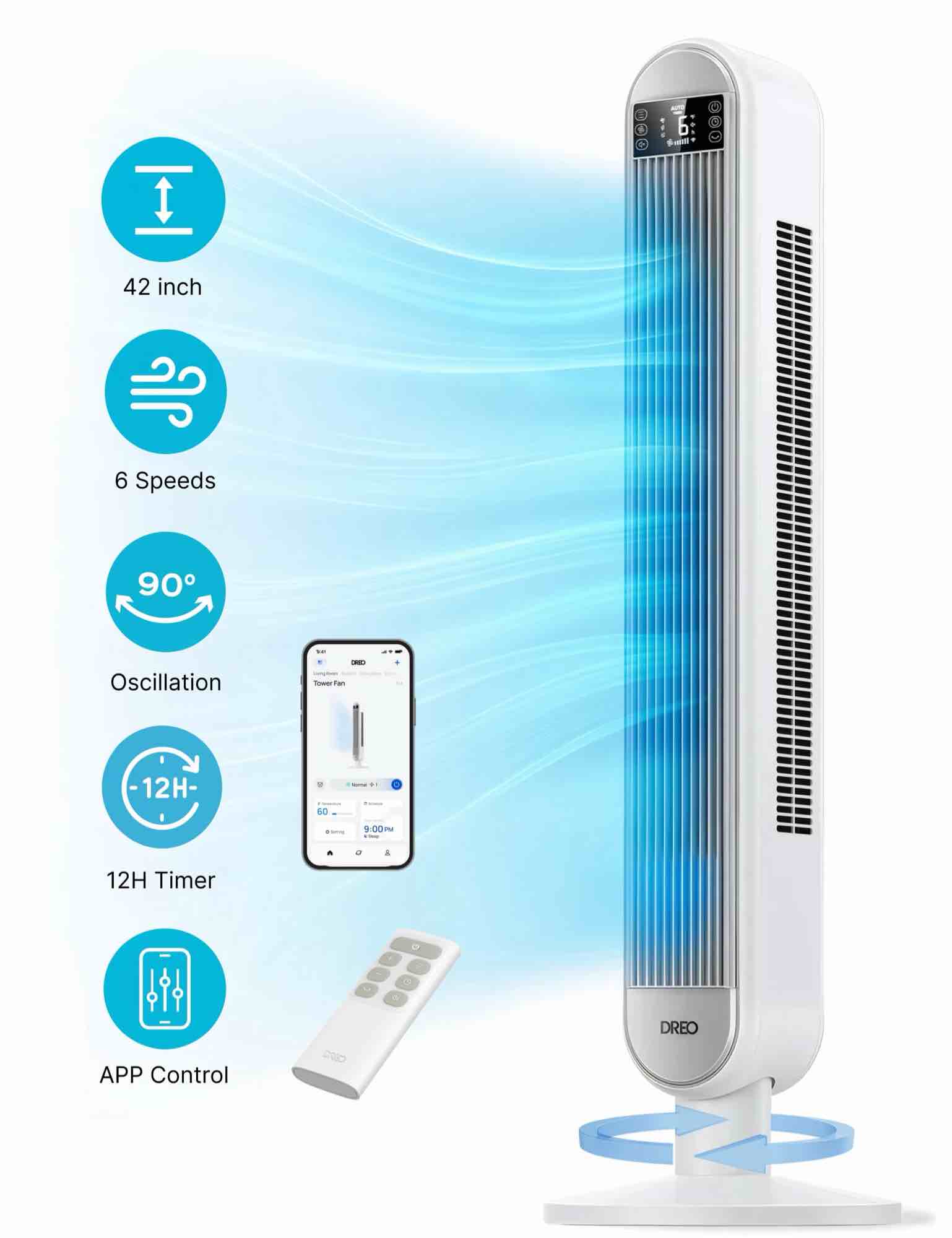 DREO Smart Tower Fan for Home  42  Standing Fan with WiFi Voice Control  90° Oscillating Fan for Indoors  34dB Bedroom Fans  6 Speeds  4 Modes  Blade