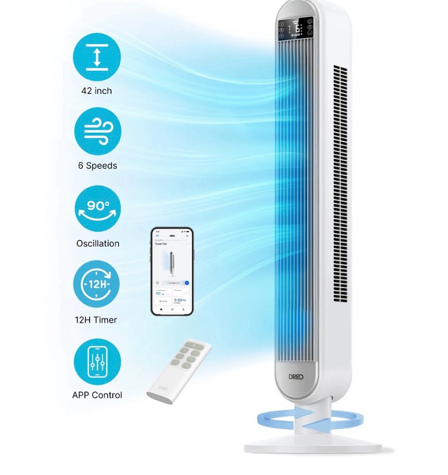 DREO 42  SmartTower Fan for Home  Standing Bladeless Fan with WiFi Voice Control  90° Oscillating Fan with LED  12H Timer  6 Speeds 4 Modes  25ft/s High Velocity  Ultra Quiet Bedroom Fan  white