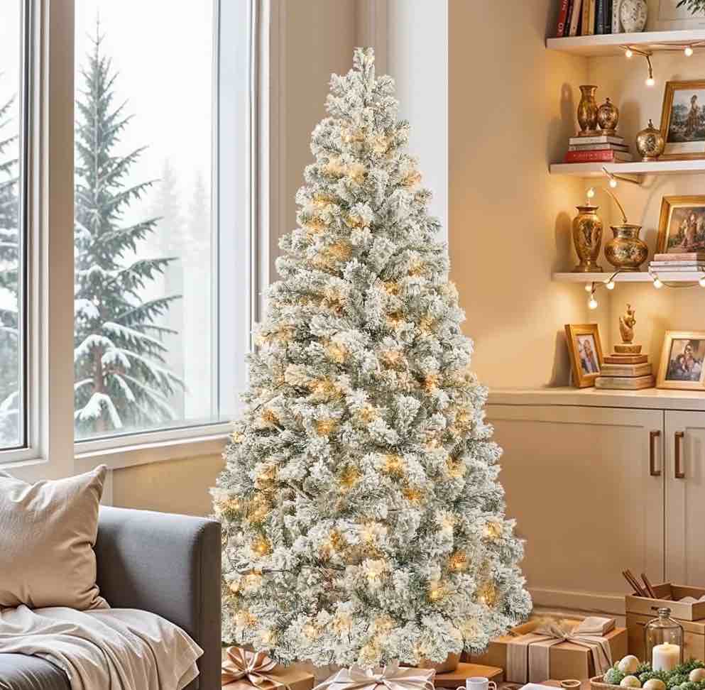 5FT Pre-Lit Hinged Christmas Tree Snow Flocked with 600 Tips 200 Lights