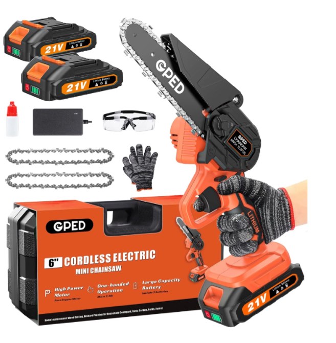 Mini Chainsaw Cordless 6 inch with 2 Battery, Mini Power Chain Saw with Security Lock, Electric Chainsaw, Handheld Small Chainsaw for Tree Trimming Wood Cutting (2 Mini Chainsaw + 2 Guide Plate)