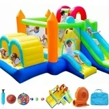 Inflatable Bounce House, 7 in 1 Large Bounce Castle for Kids 3-10, Backyard Jumping Bouncy Castle with Long Slide, Climbing Wall, Tunnel, Trampoline, Children's Outdoor Party - with Blower