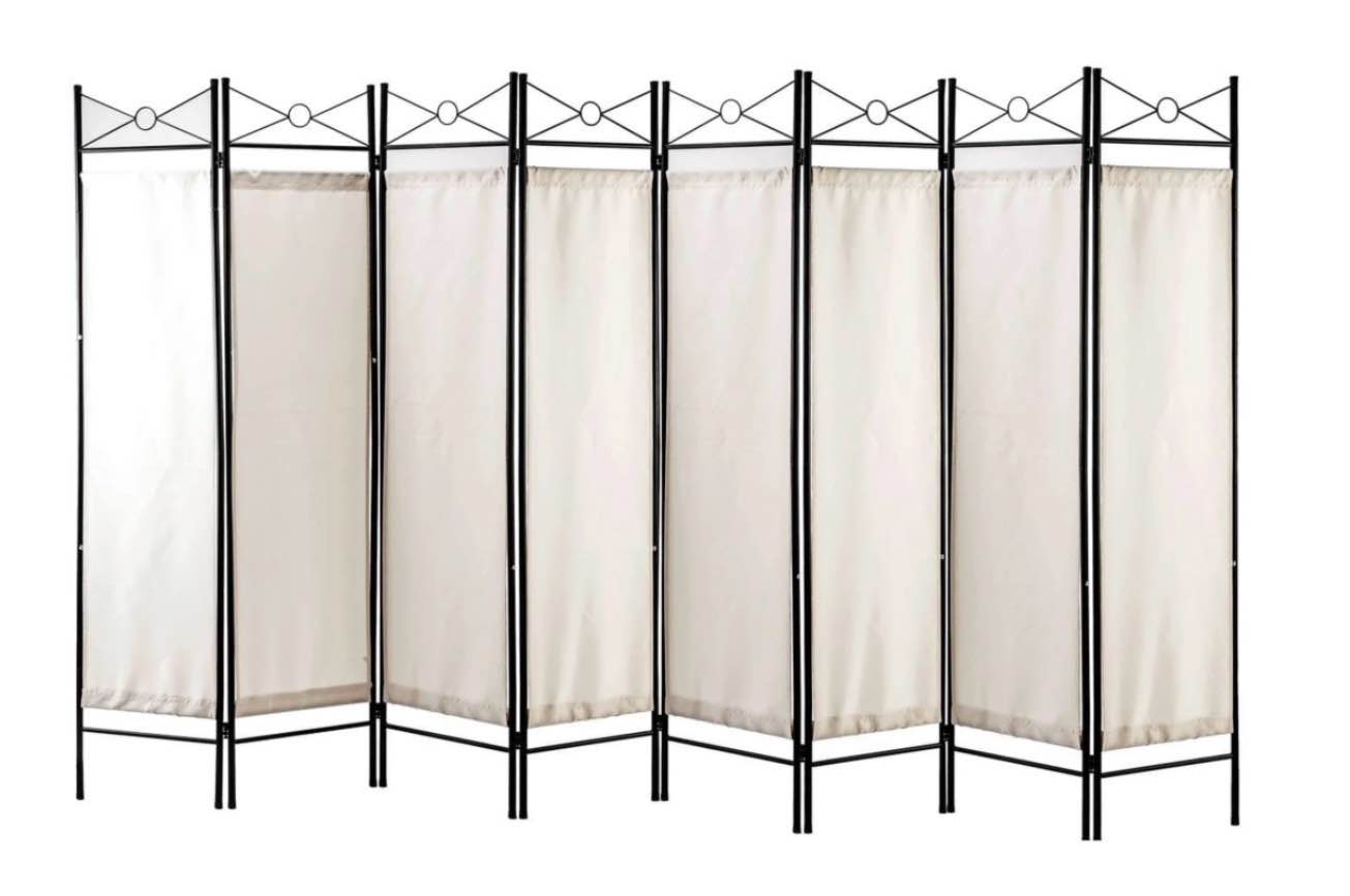 4 Panel White Color Metal and Woven Fabric Room Divider with Two Way Hinges, By Legacy Decor