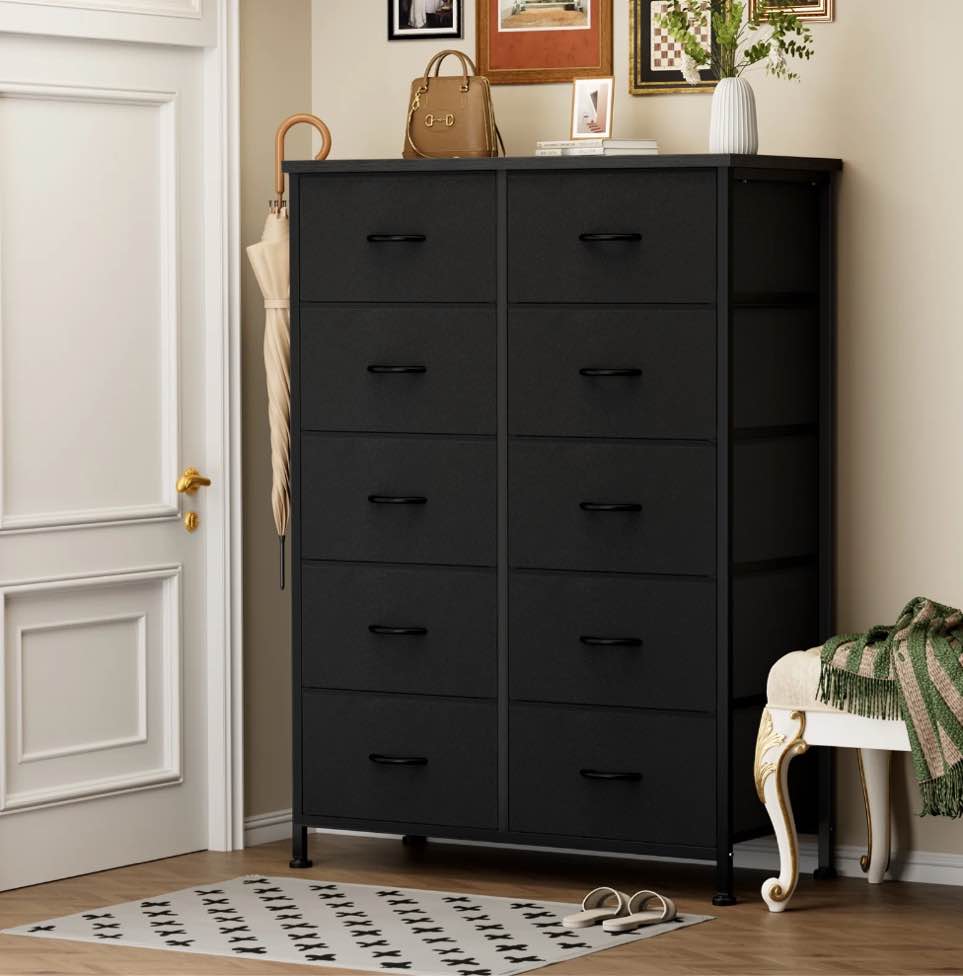 CONCETTA 10-Drawer Fabric Dresser Storage Chest for Bedroom, Closet, Entryway, Storage Furniture for Adults, Black