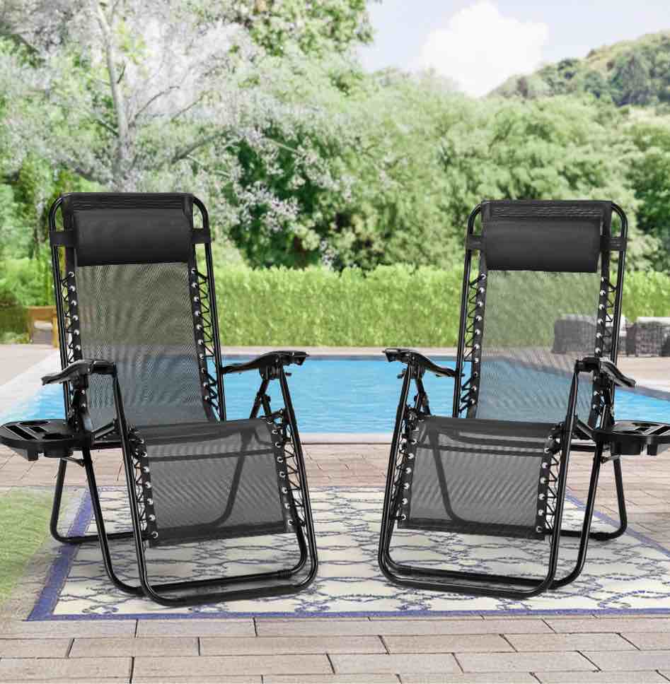 CONCETTA 2 Zero Gravity Lounge Chairs, Foldable Reclining Camping for Patio, Lawn, Beach, Black