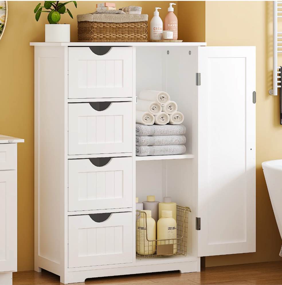 Ktaxon Wooden Bathroom Floor Cabinet Side Storage Organizer with 4 Drawers 1 Cupboard & 2-Shelves White