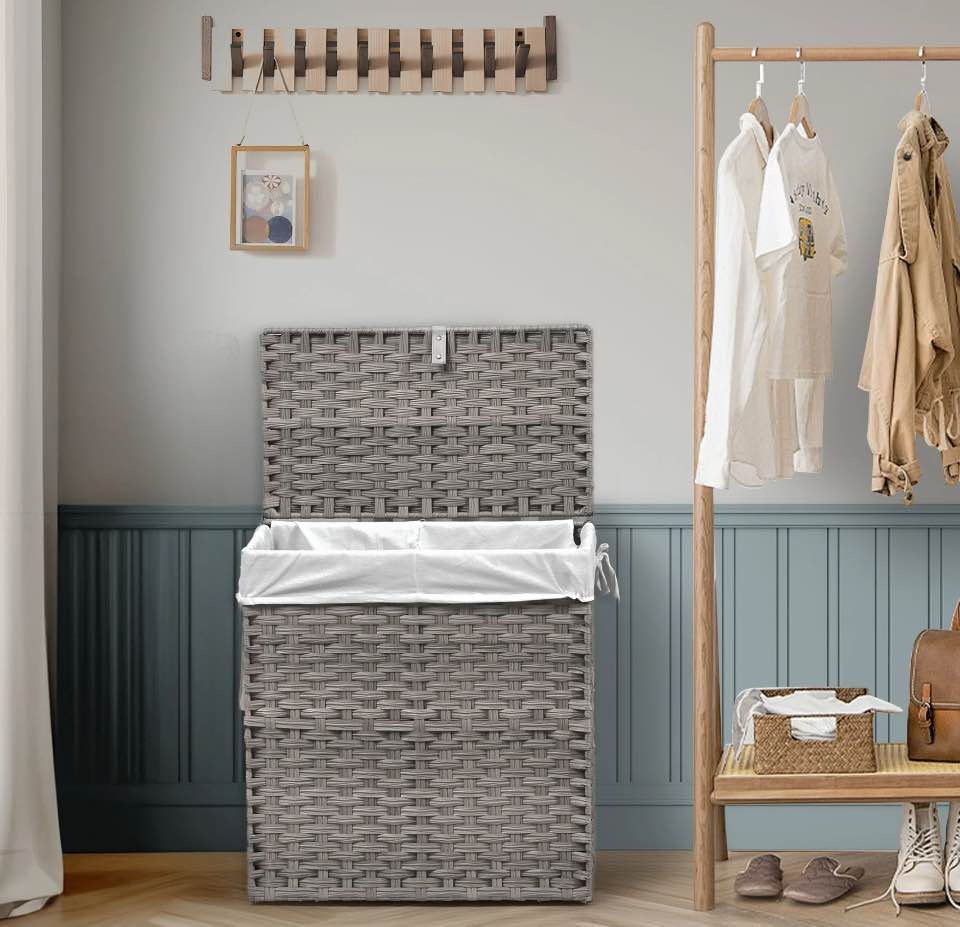 edx Laundry Basket with Lid, 110 L Hand-Woven Pp Rattan Laundry Basket with Compartments & Handles, Foldable, Removable Liner, Gray