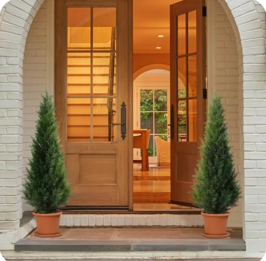 Artificial Cedar Tree 2 Pack 4 ft Outdoor Artificial Topiary Cedar Plants Fake Tree UV Rated Potted Tree for Perfect Housewarming Gift, Set of 2