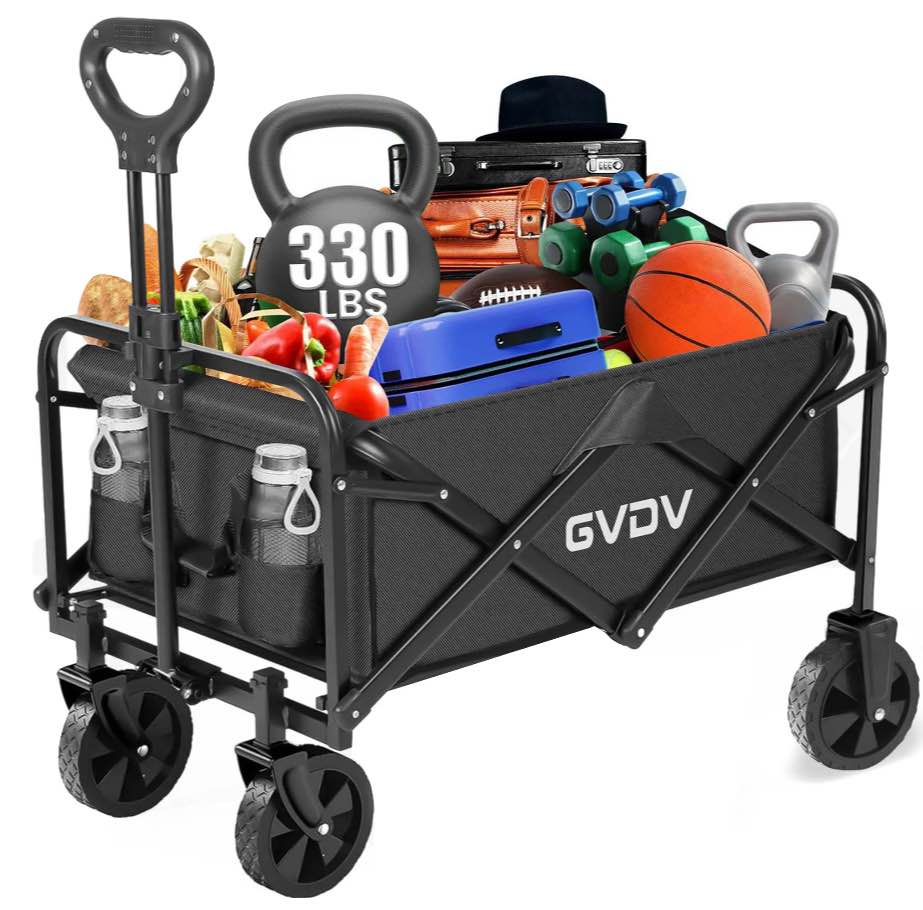 GVDV Collapsible Wagon Cart, Portable Utility Wagon for Camping, Beach, Picnic, Shopping, Sports, and Grocery Transport, Black