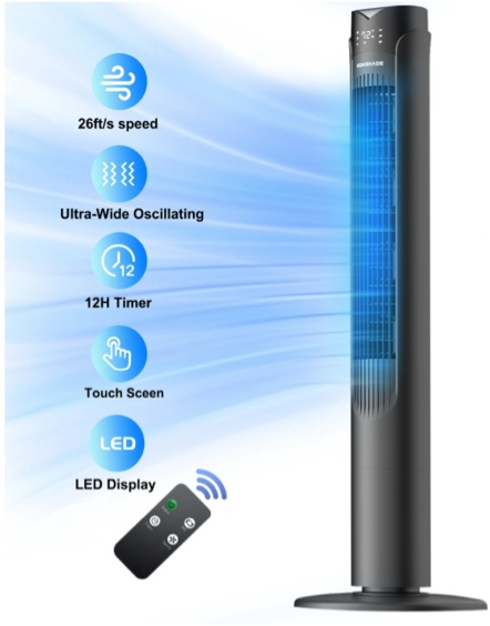 41" Tower Fan,90° Oscillating Fans with 3 Speeds,3 Modes,26 ft/s High Velocity,LED Display with Remote,12H Timer,For Home,Living Room,Office