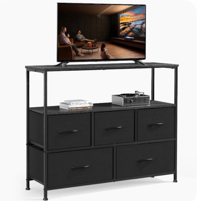 JONPONY Dresser TV Stand with 5 Fabric Drawers, Open Shelf Storage Unit for Bedroom, Living Room, Entertainment Center, Fits TV up to 45 Inch, Adjustable Feet, black