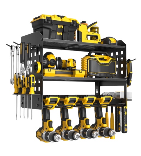 SUNALLY Power Tool Organizer, 3 Layers Drill Holder Wall Mount with 2 Side Pegboards, Heavy Duty Tool Storage Rack for Garage, 150Lbs Load Capacity, Black