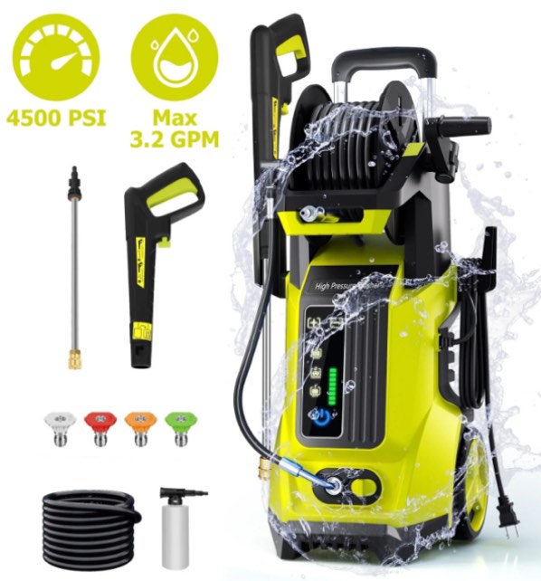 SUGIFT Electric Pressure Washer 4500PSI-Max 3.2GPM with Touch Screen Adjustable Pressure and 5 Nozzles Power Washer Cleaning for Patio,Yellow