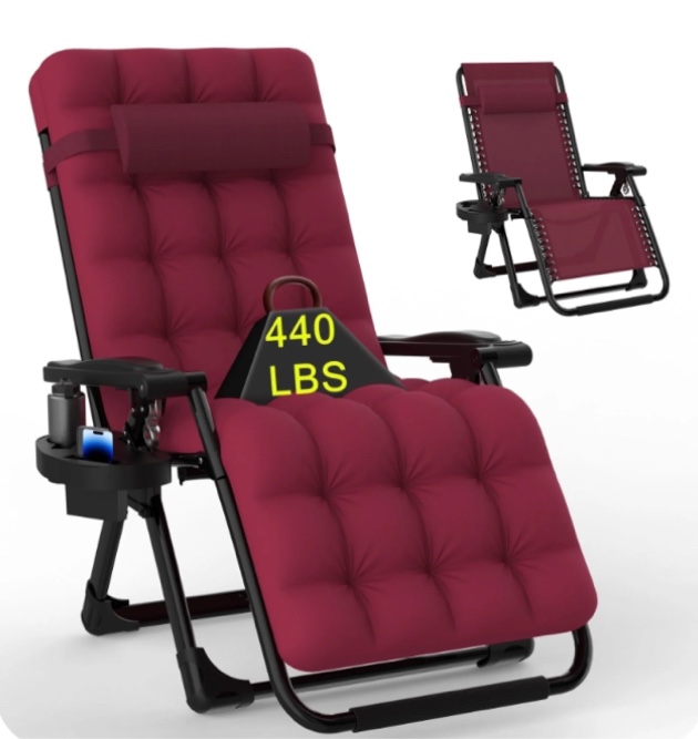 PNKKODW Zero Gravity Chair with Upgraded Alloy Steel Lock Removable Cushion Cup Holder, 440lbs Capcity Folding Patio Recline Lawn Chair for Indoor/Outdoor Use,Claret