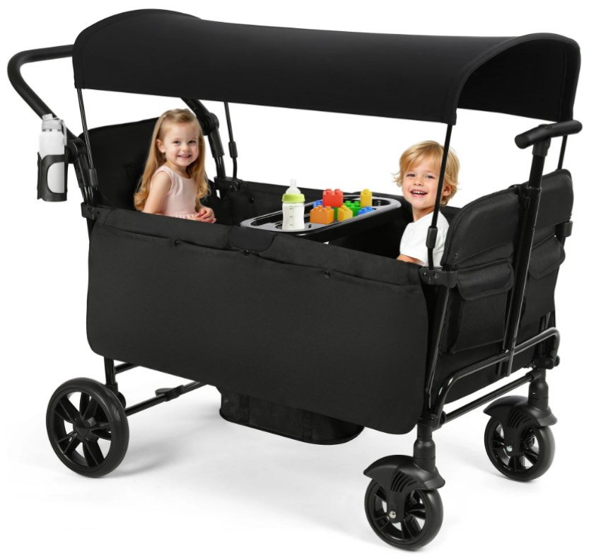Vomeast Wagon Stroller for Kids, Spacious 2-Seater Stroller Wagon with Adjustable Canopy, Pull & Push Handle, 5-Point Harness, Foldable for Toddlers, Black