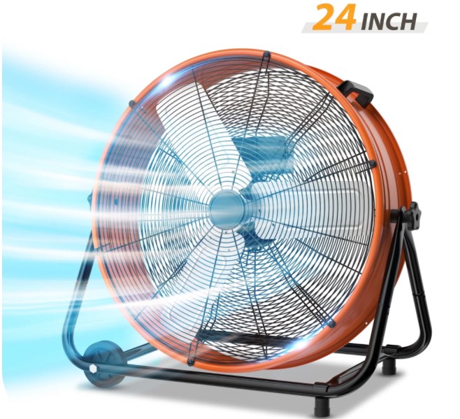 LifePlus Industrial Drum Fan, 5620cfm High Velocity Floor Fan 3 Speed Air Circulation, 24 inch, Orange
