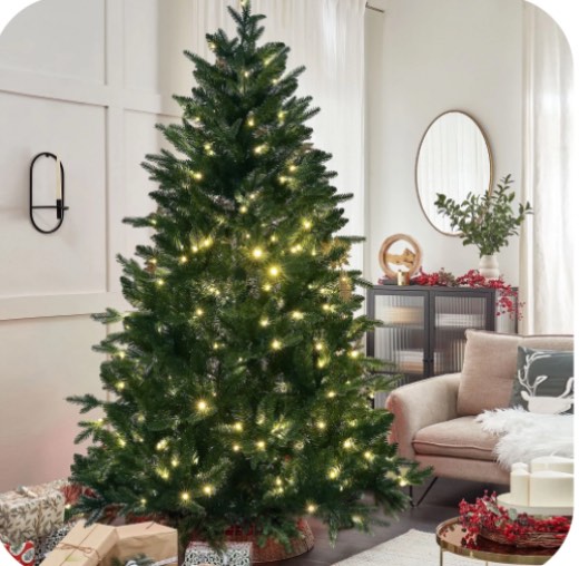 Qunler Christmas Tree, 6ft Hinged Pre-Lit Christmas Tree with 980 PE & PVC Tips, 300 Warm White & Multicolor 10 Modes LED Lights, Artificial Pine Tree for Xmas Holiday Decor