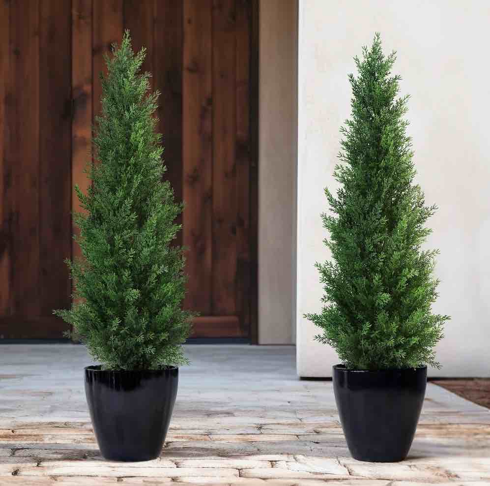 Artificial Cedar Tree 2 Pack 3 ft Outdoor Artificial Topiary Cedar Plants Fake Tree UV Rated Potted Plants for Porch Decor Faux Pine Tree for Perfect Housewarming Gift