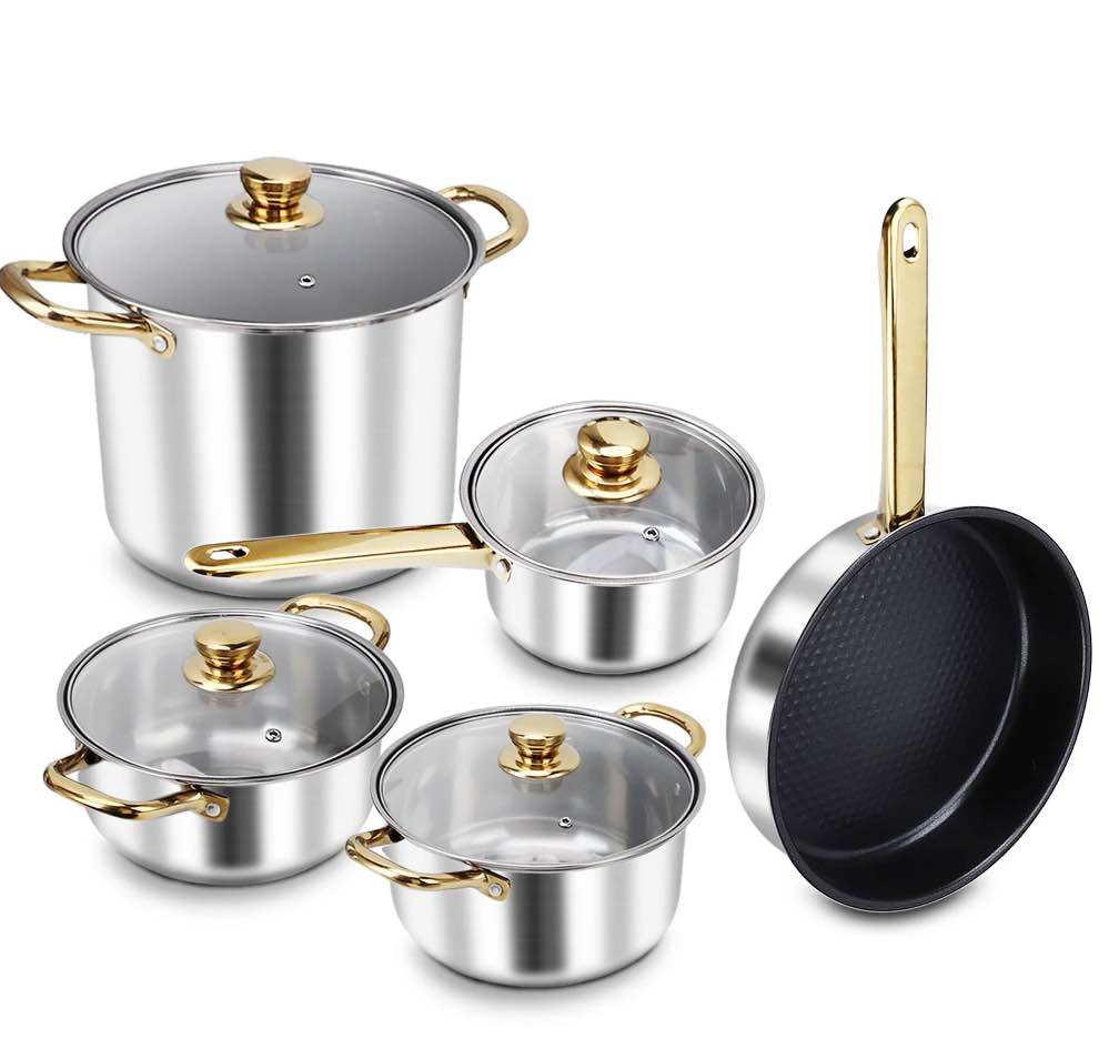 Stainless Steel Cookware Set, 9 Pcs Nonstick Cookware Set, Kitchen Pots and Pans Set with Glass Lid for Cooking, Dishwasher , Golden