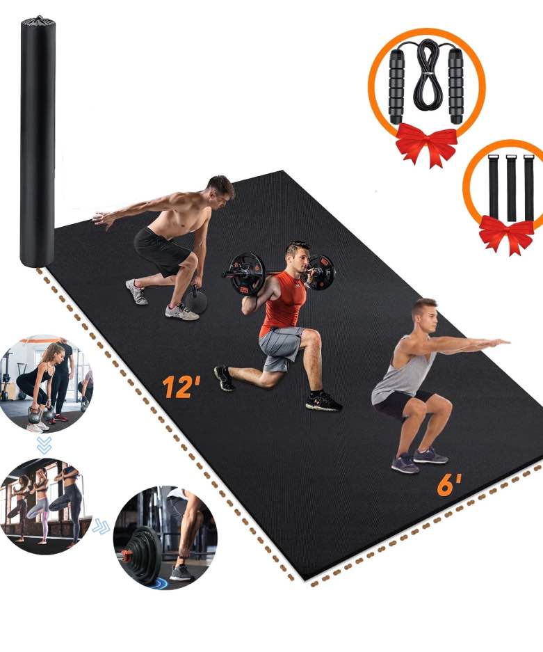 12'x6' Black Gym Mat, Thick Large Exercise Yoga Mat for Men and Women Aerobics, Skipping Rope, Gym Equipment - Perfect for Home and Gym Workouts
