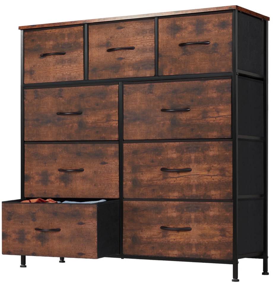EDX 9 Drawer Dresser, Wide Chest of Drawers Nightstand Storage Tower Storage Fabric Dresser with Wood Top for Living Room, Bedroom, Hallway,Rustic Brown