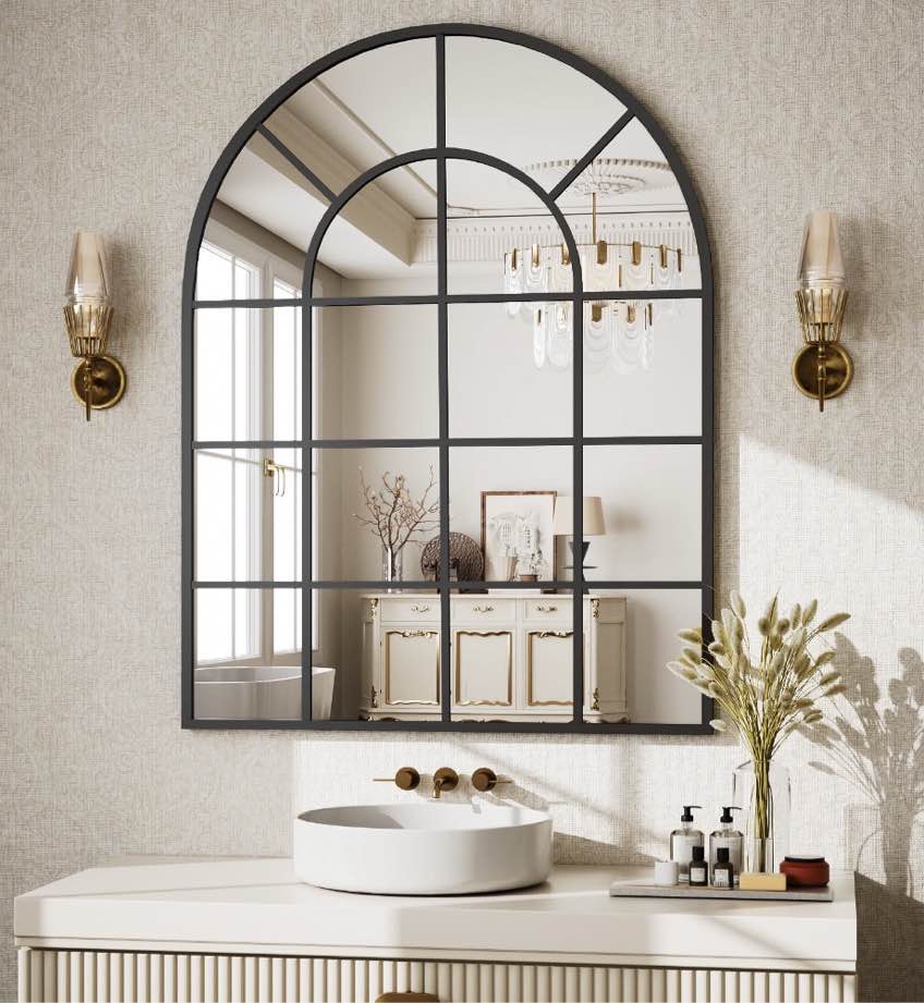 BEAUTYPEAK 40" x 30" Arched Windowpane Mirror Decor Wall Mirror, Black