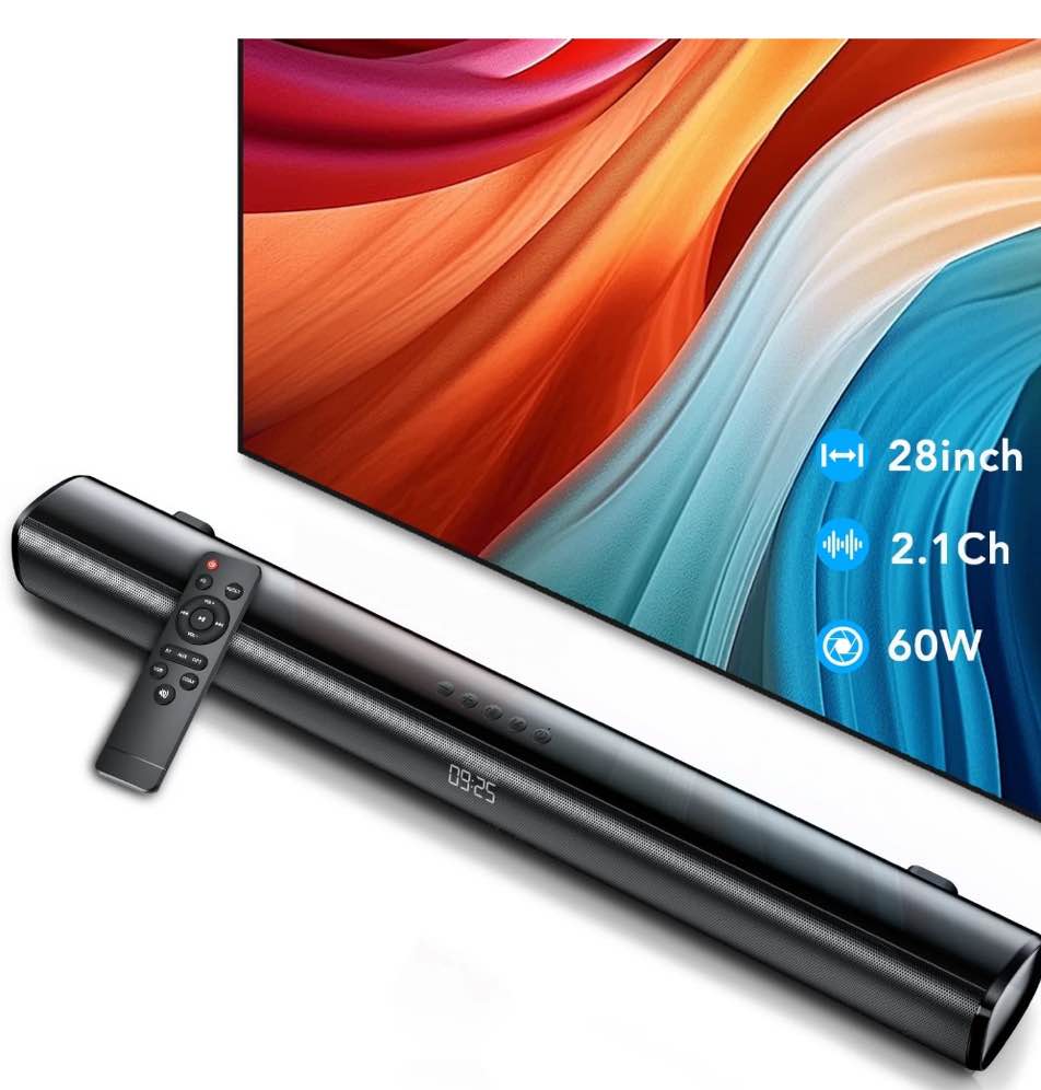 Sound Bar for TV, 60W Soundbar TV Speakers, 2.1 ch Home Theater with Subwoofer Boost, 3 Equalizer Modes, Soundbar for TV/PC/Gaming/Projectors, Bluetooth, OPT, COX, USB & AUX Wall Mountable