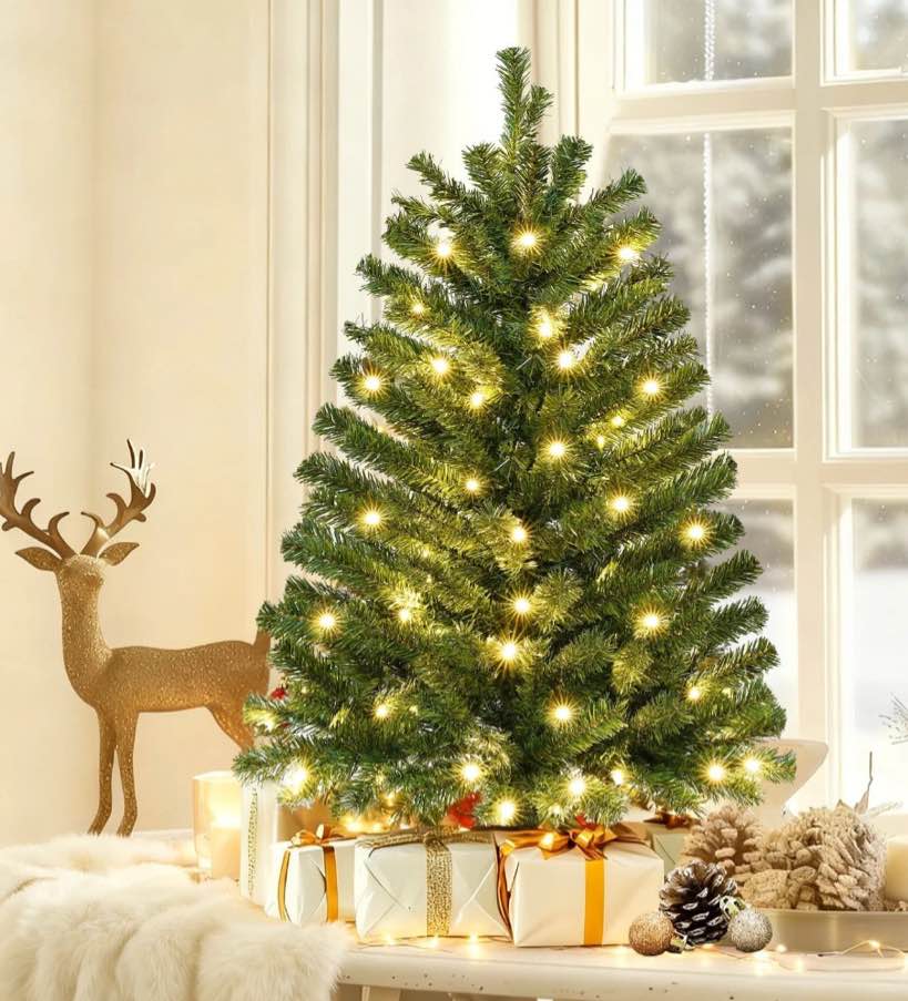 3 FT Pre-Lit Christmas Tree w/ 70 Lights 163 Tips, Hinged Artificial Holiday Xmas Christmas Decoration, Green