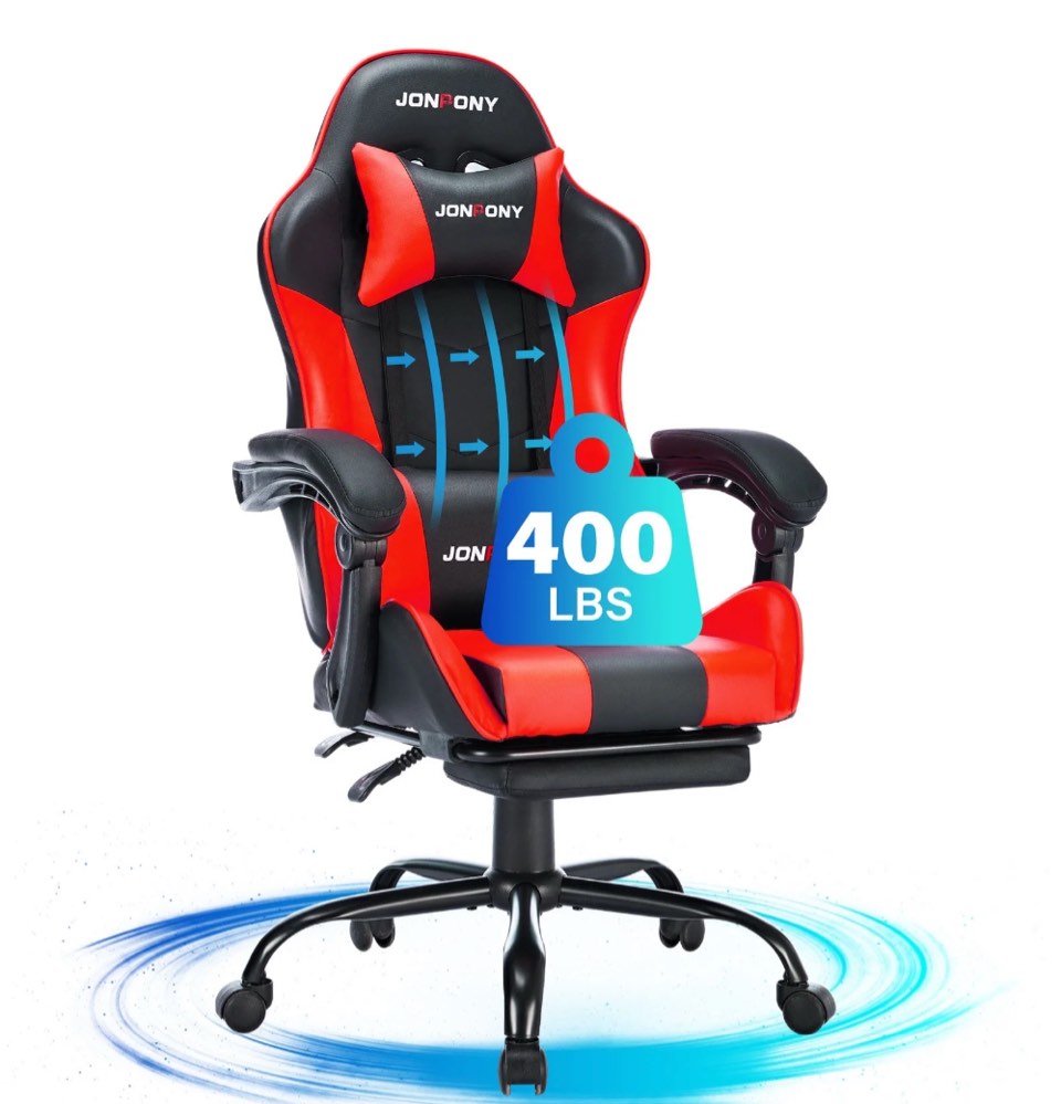 JONPONY Big and Tall 400LBS Gaming Chair, Ergonomic Design, Gamer Chair PU Leather with Footrest and Lumbar Support, High Back Office Chair Support 8 Hours Long Sitting, Computer Chair,Red