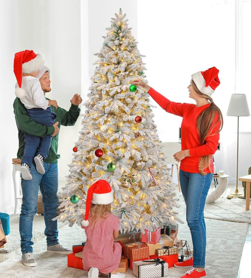 Firstness 6ft Pre-Lit Artificial Christmas Tree with 300 LED Lights,Snow Flocked Xmas Tree