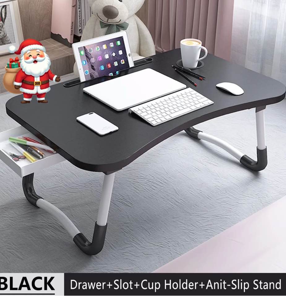 PHANCIR Foldable Lap Desk, 23.6 Inch Portable Wood Laptop Desk Table Workspace Organizer Bed Tray with iPad Slots, Cup Holder and Drawer, Anti-Slip for Working Reading Writing, Eating, Watching-Black