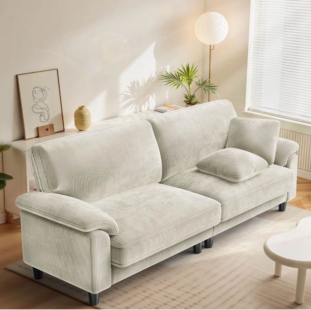 83" Corduroy Sofa,Loveseat Sofa with Extra Deep Seat Couches ,Comfy Upholstered Couch for Living Room,Tool-Free Setup with 2 Pillows,Beige