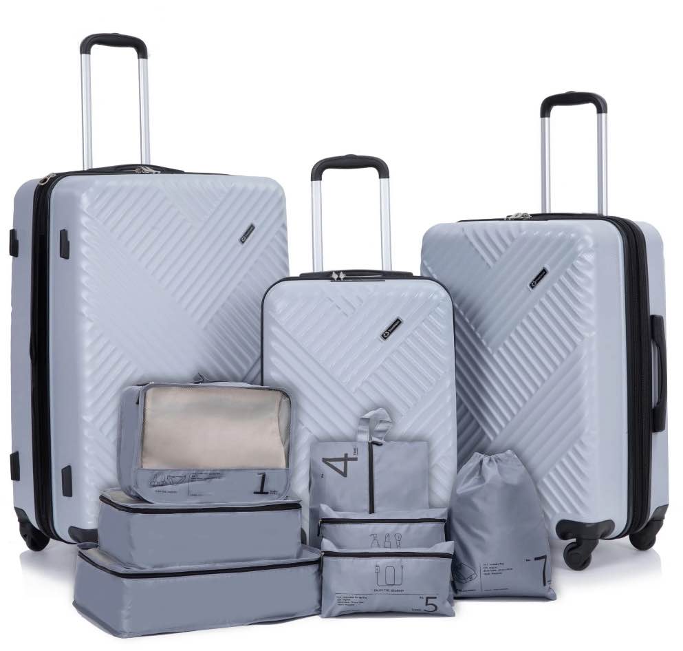 10 Piece Luggage Set, Lightweight Suitcase Set with 7PCS Organizer Bags, Suitcase with TSA Lock Spinner Wheels, Silver